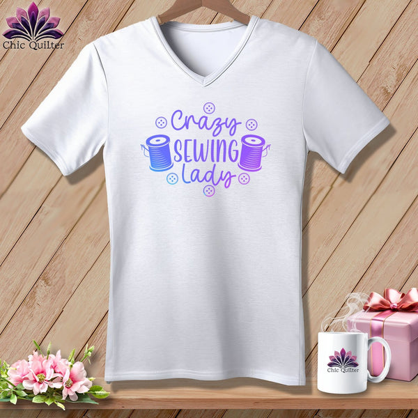 MyDesigns Physical Item White / S Crazy sewing lady ~SuperSoft V-Neck Tee