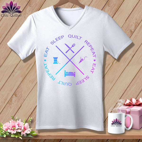 MyDesigns Physical Item White / S Eat sleep quilt repeat ~SuperSoft V-Neck Tee