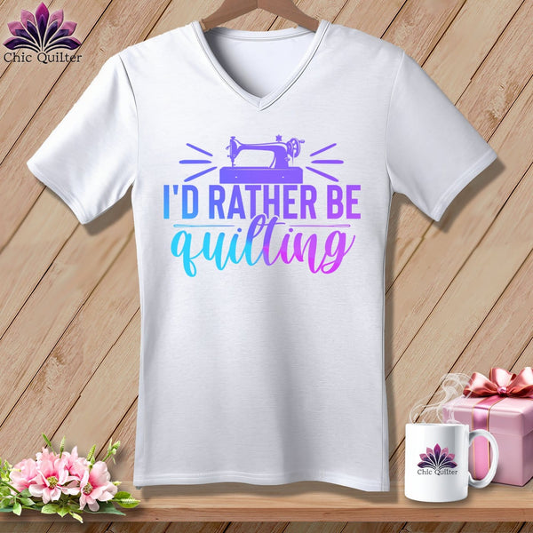 MyDesigns Physical Item White / S I'd Rather be Quilting ~SuperSoft V-Neck Tee