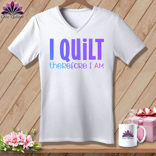 MyDesigns Physical Item White / S I Quilt Therefore I Am ~SuperSoft V-Neck Tee