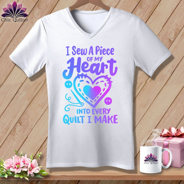 MyDesigns Physical Item White / S I Sew A Piece of My Heart Into Every Quilt ~SuperSoft V-Neck Tee