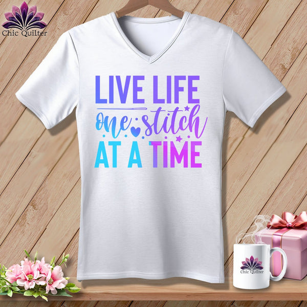 MyDesigns Physical Item White / S Live Life One Stitch at a Time ~SuperSoft V-Neck Tee