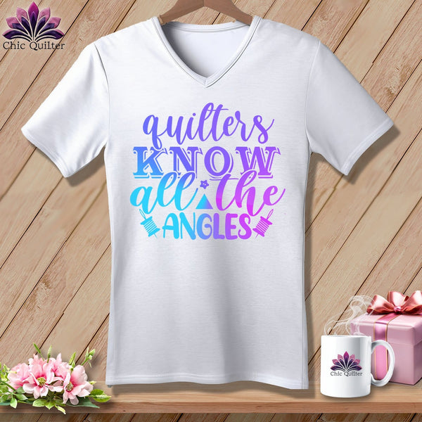 MyDesigns Physical Item White / S Quilters Know All the Angles ~SuperSoft V-Neck Tee
