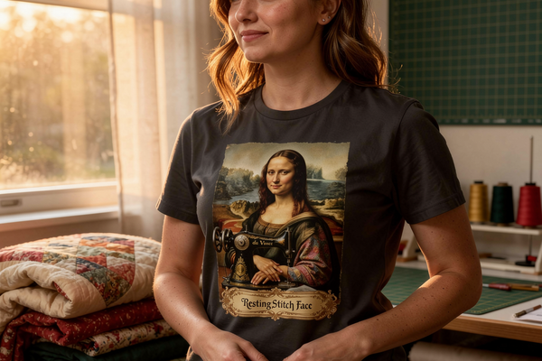 lifestyle scene ~ Mona Sewsa ~ Resting Stitch Face ~ Women's Fit Tee ~ Chic Quilter