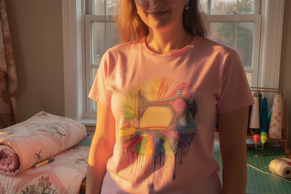 lifestyle scene ~ Splahsed Stitches ~ Women's Fit Tee ~ Chic Quilter