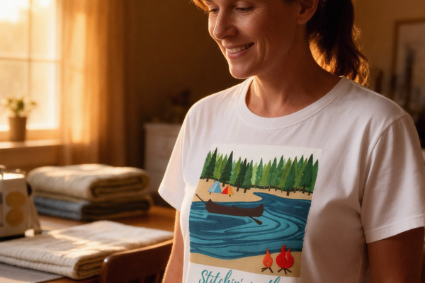 lifestyle scene ~ Boundary Waters, Stitchin' In ~ Women's Fit Tee ~ Chic Quilter