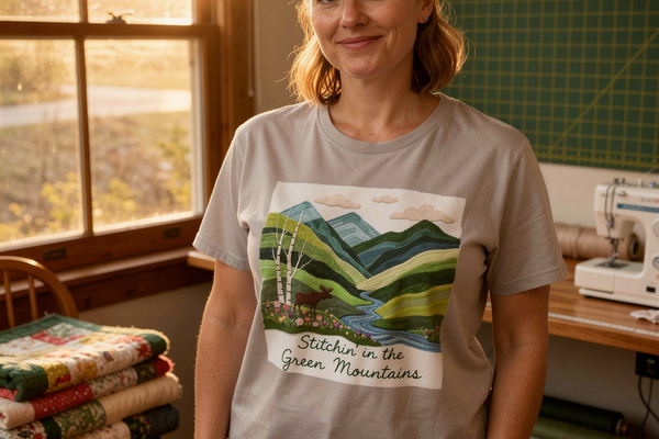 lifestyle scene ~ Green Mountains, Stitchin' In ~ Women's Fit Tee ~ Chic Quilter