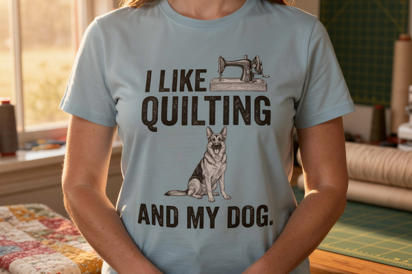 lifestyle scene ~ I Like Quilting and My German Shepard ~ Comfort Color Premium Tee ~ Chic Quilter