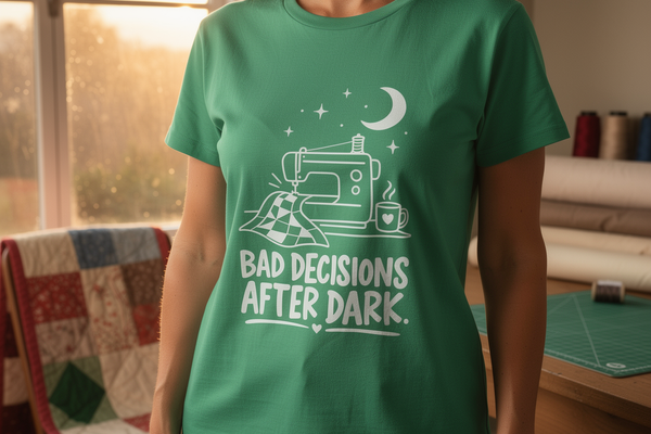 lifestyle scene ~ Midnight Quilt Mode ~ Comfort Colors Premium Tee ~ Chic Quilter