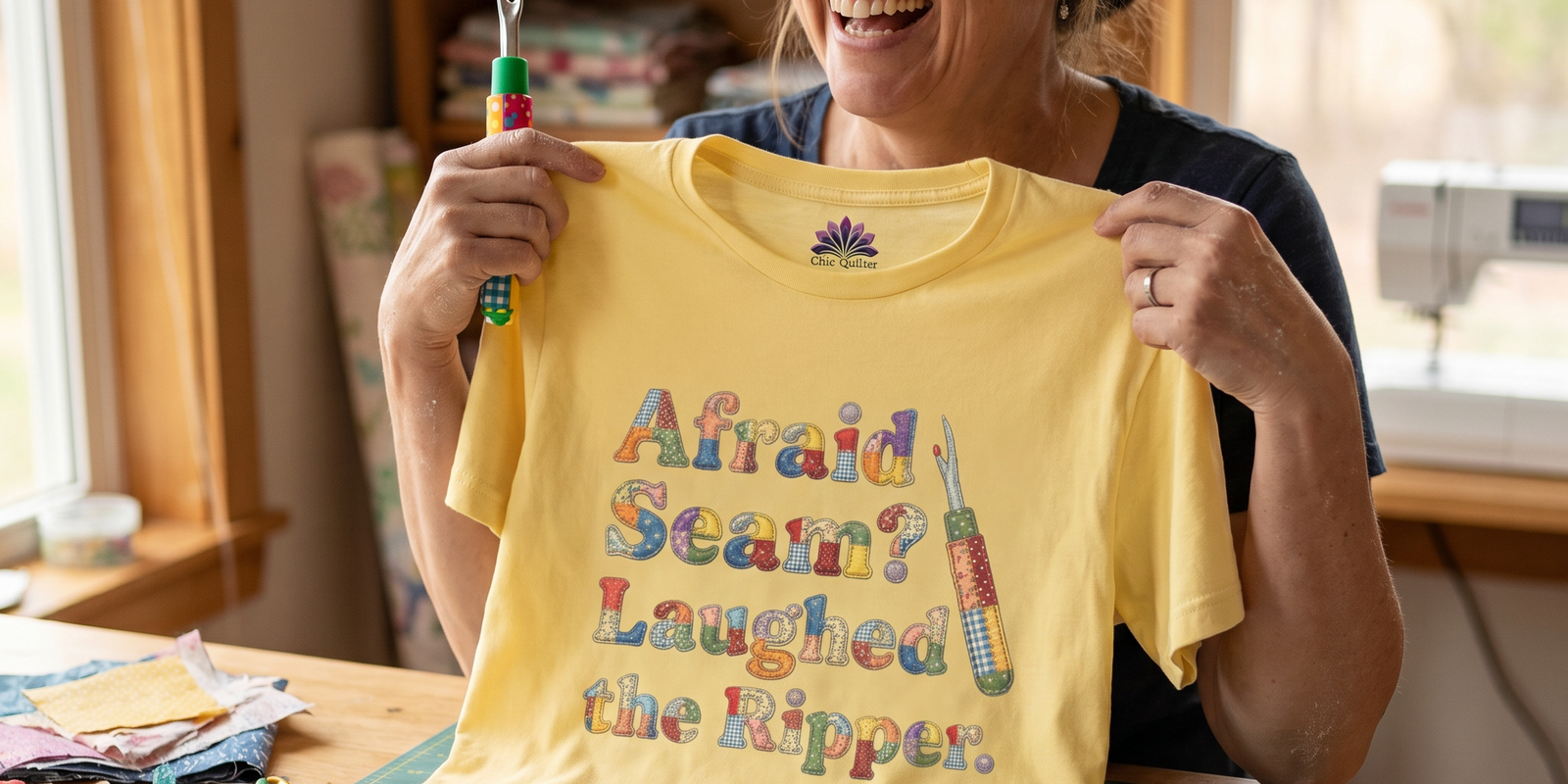 A laughing quilter holding a seam ripper and the Afraid Seam? Laughed the Ripper premium tee