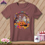 T-shirt with Halloween quilting theme featuring a witch, skeleton, mummy, and pumpkins.
