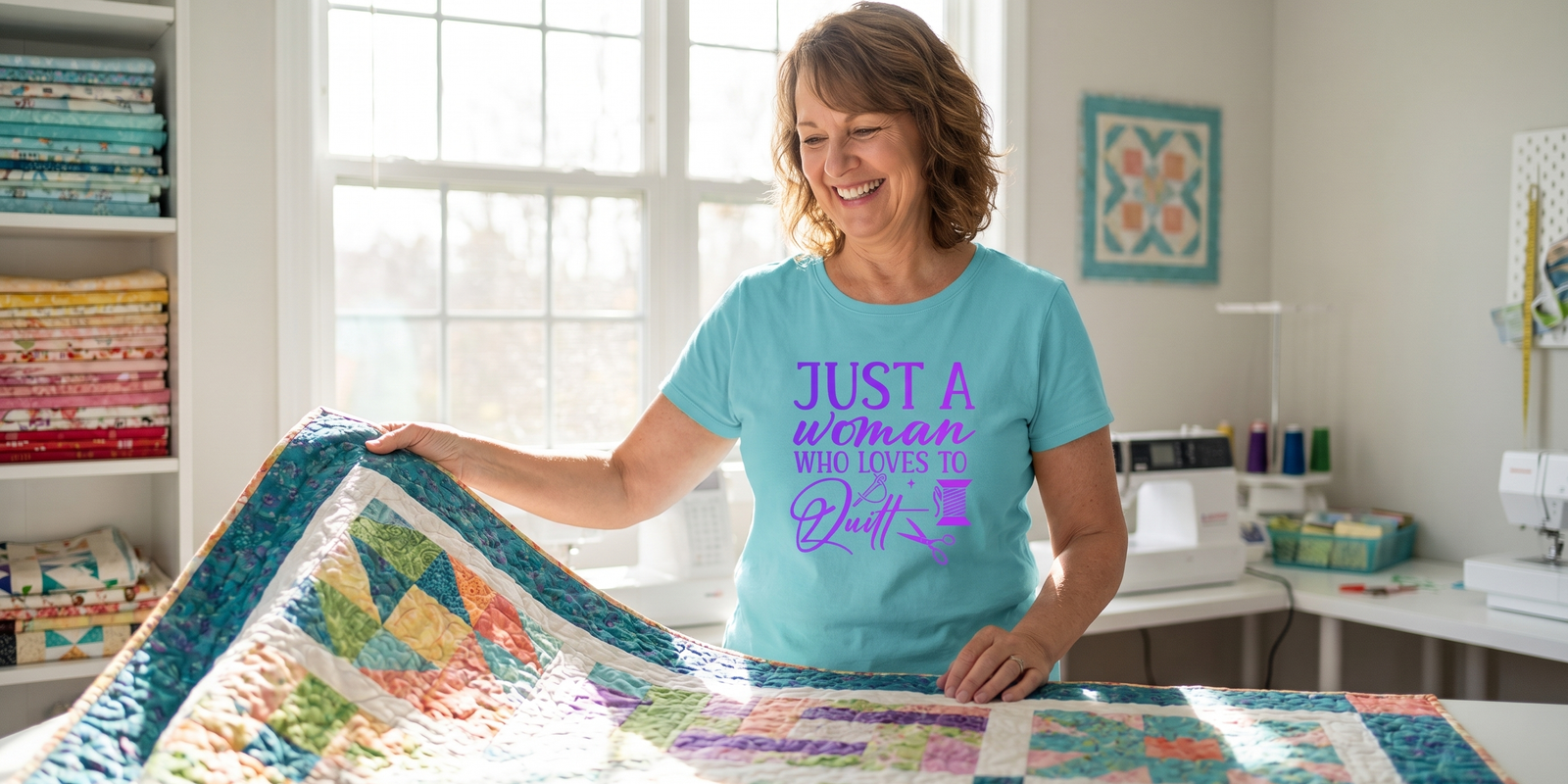A smiling quilter unfolding a colorful patchwork quilt, wearing the Just A Woman Who Loves To Quilt premium tee