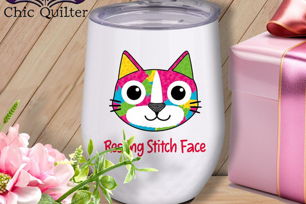 MyDesigns Physical Item 12 oz / White Patchwork Smile - Resting Stitch Face ~ Wine Sipper