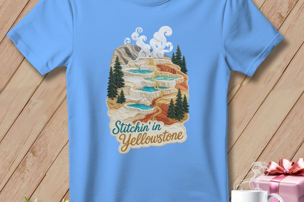 MyDesigns Physical Item S / Carolina Blue Yellowstone National Park ~ Hot Springs Pools, Stitchin in ~ Relaxed Fit Tee