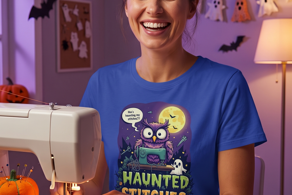 A quilter sewing in her Halloween-decorated sewing room, wearing the Haunted Stitches tee