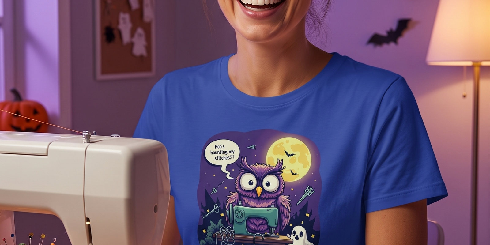A quilter sewing in her Halloween-decorated sewing room, wearing the Haunted Stitches tee