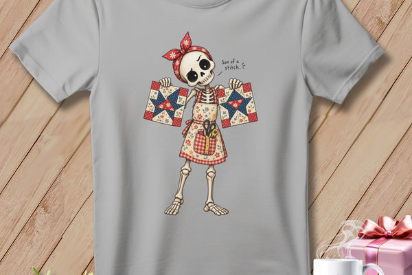 Skeleton wearing bandana and apron holds quilt squares, with text "Son of a stitch."