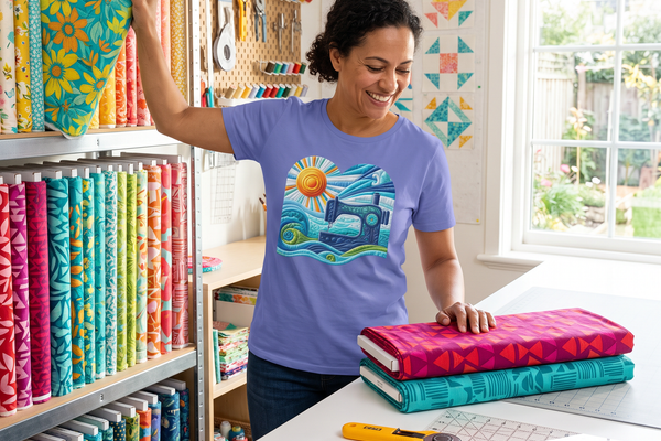 A quilter pulling bold print fabrics for a summer stack, wearing the Surfing the Fabric Sea premium tee
