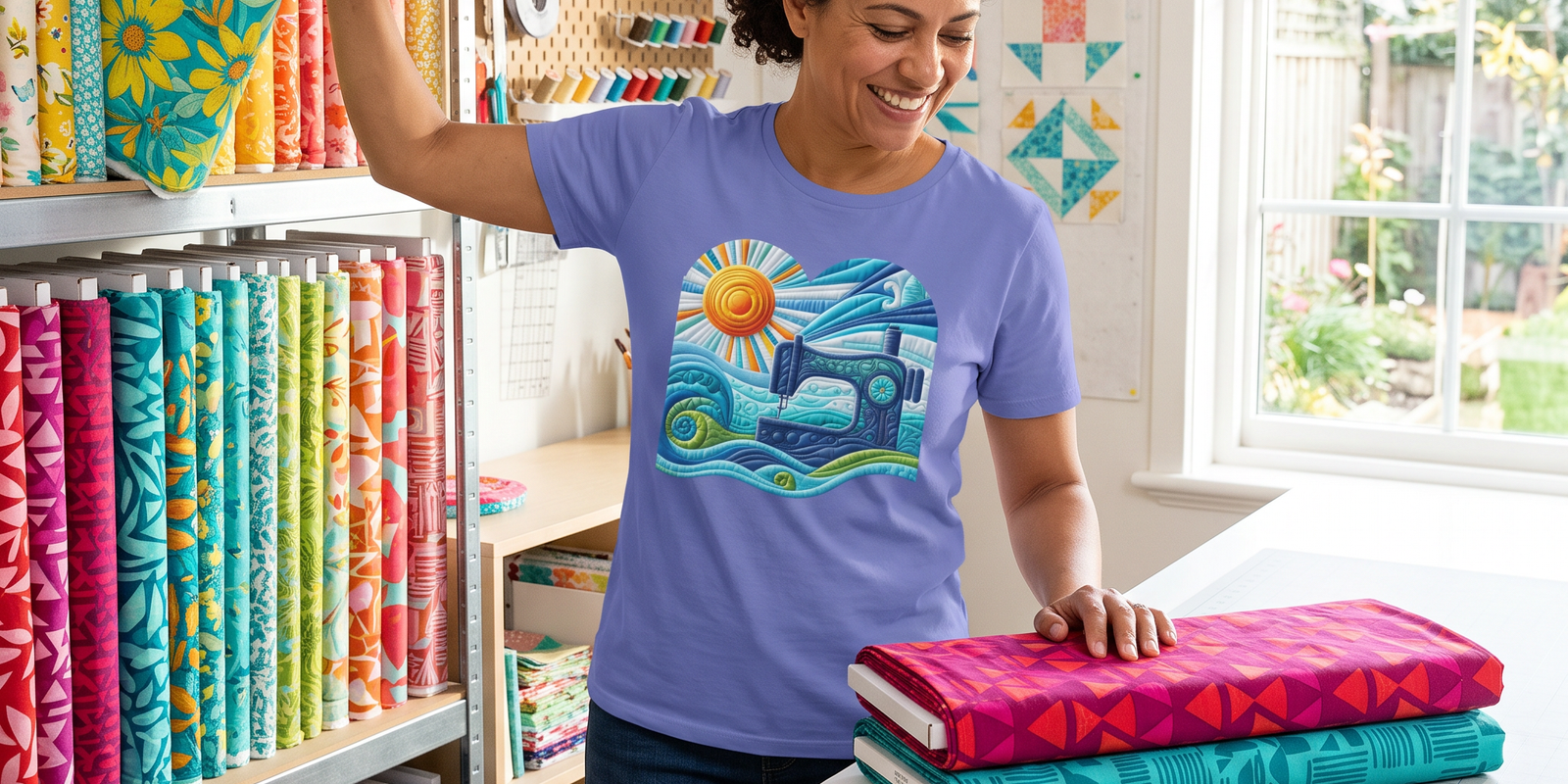 A quilter pulling bold print fabrics for a summer stack, wearing the Surfing the Fabric Sea premium tee