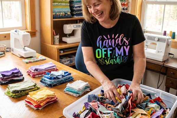 A quilter happily sorting her fabric scrap bin, wearing the Hands Off My Stash tee