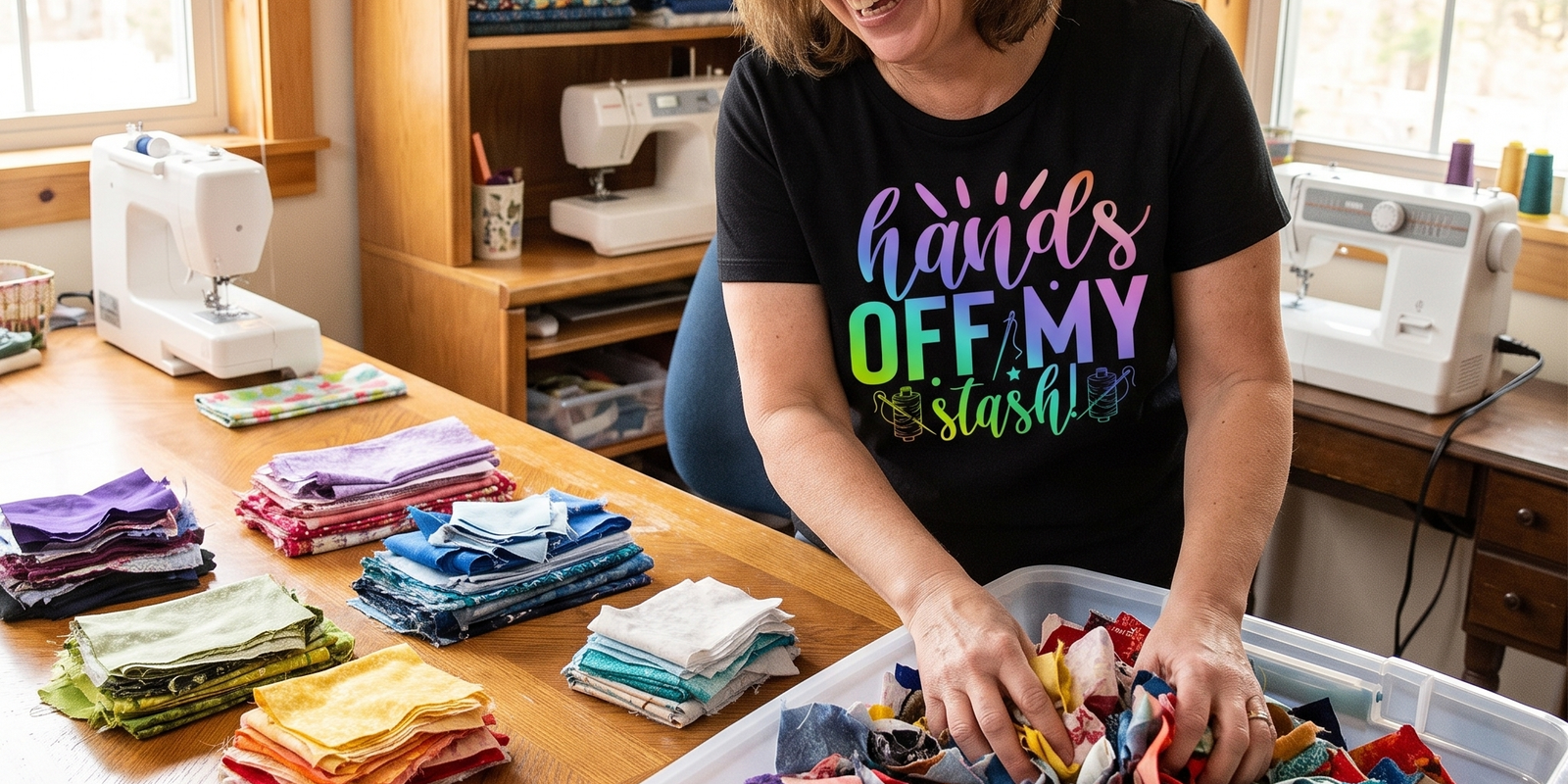 A quilter happily sorting her fabric scrap bin, wearing the Hands Off My Stash tee