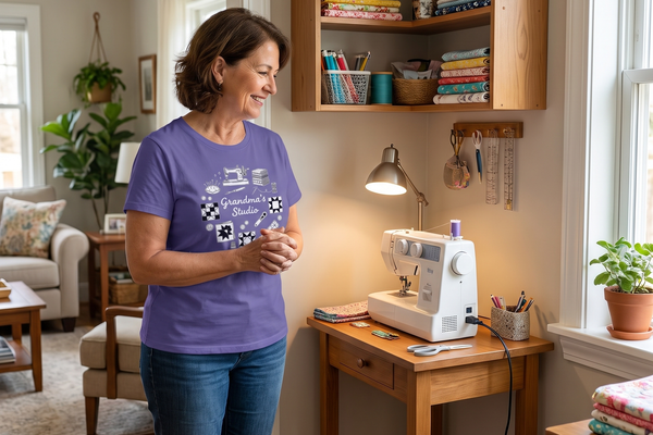 A quilter admiring her new corner sewing nook, wearing the Grandma's Studio tee