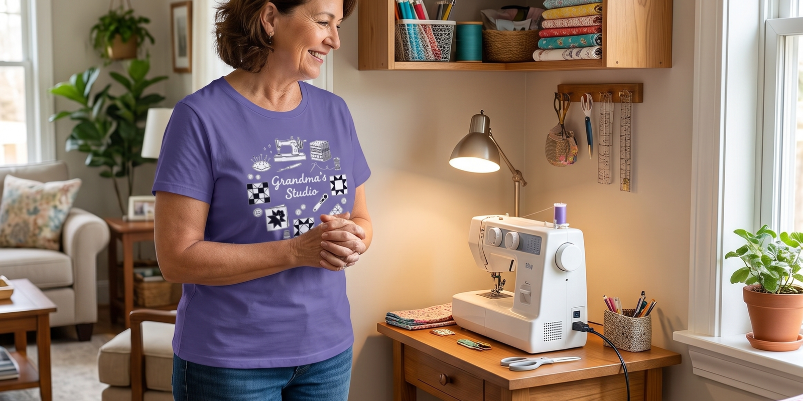 A quilter admiring her new corner sewing nook, wearing the Grandma's Studio tee