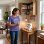 A quilter admiring her new corner sewing nook, wearing the Grandma's Studio tee