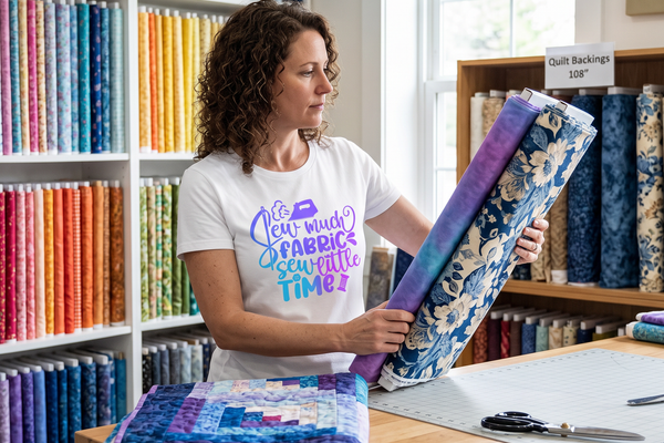 A quilter comparing wide backing fabric bolts, wearing the Sew Much Fabric Sew Little Time tee