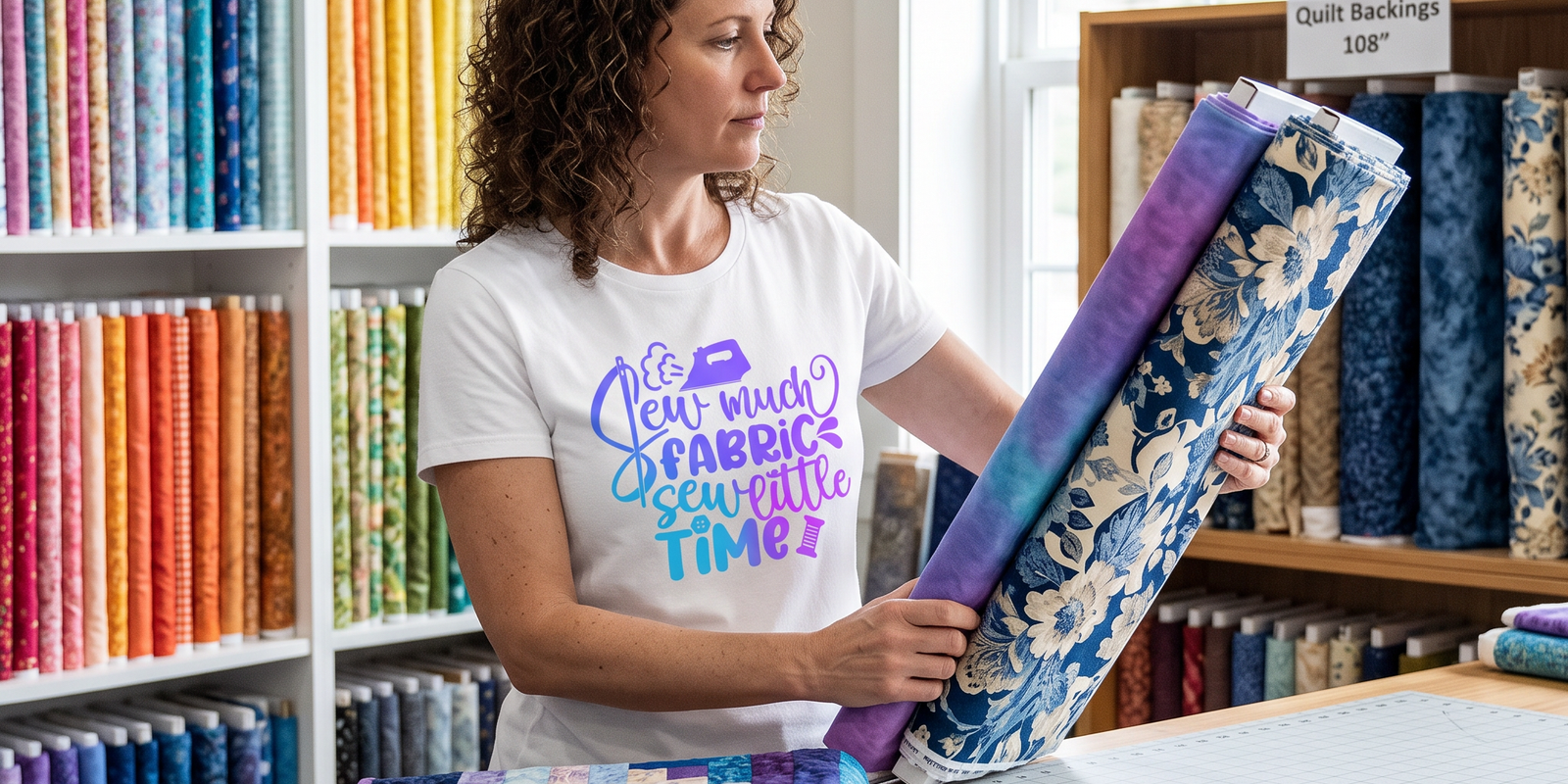 A quilter comparing wide backing fabric bolts, wearing the Sew Much Fabric Sew Little Time tee