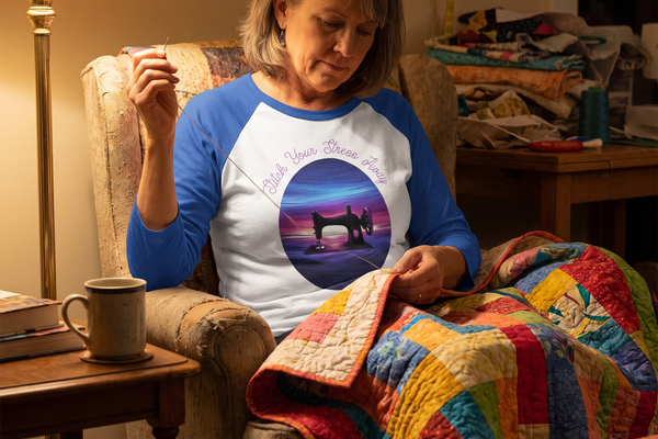A quilter hand-stitching quilt binding by lamplight, wearing the Stitch Your Stress Away raglan tee
