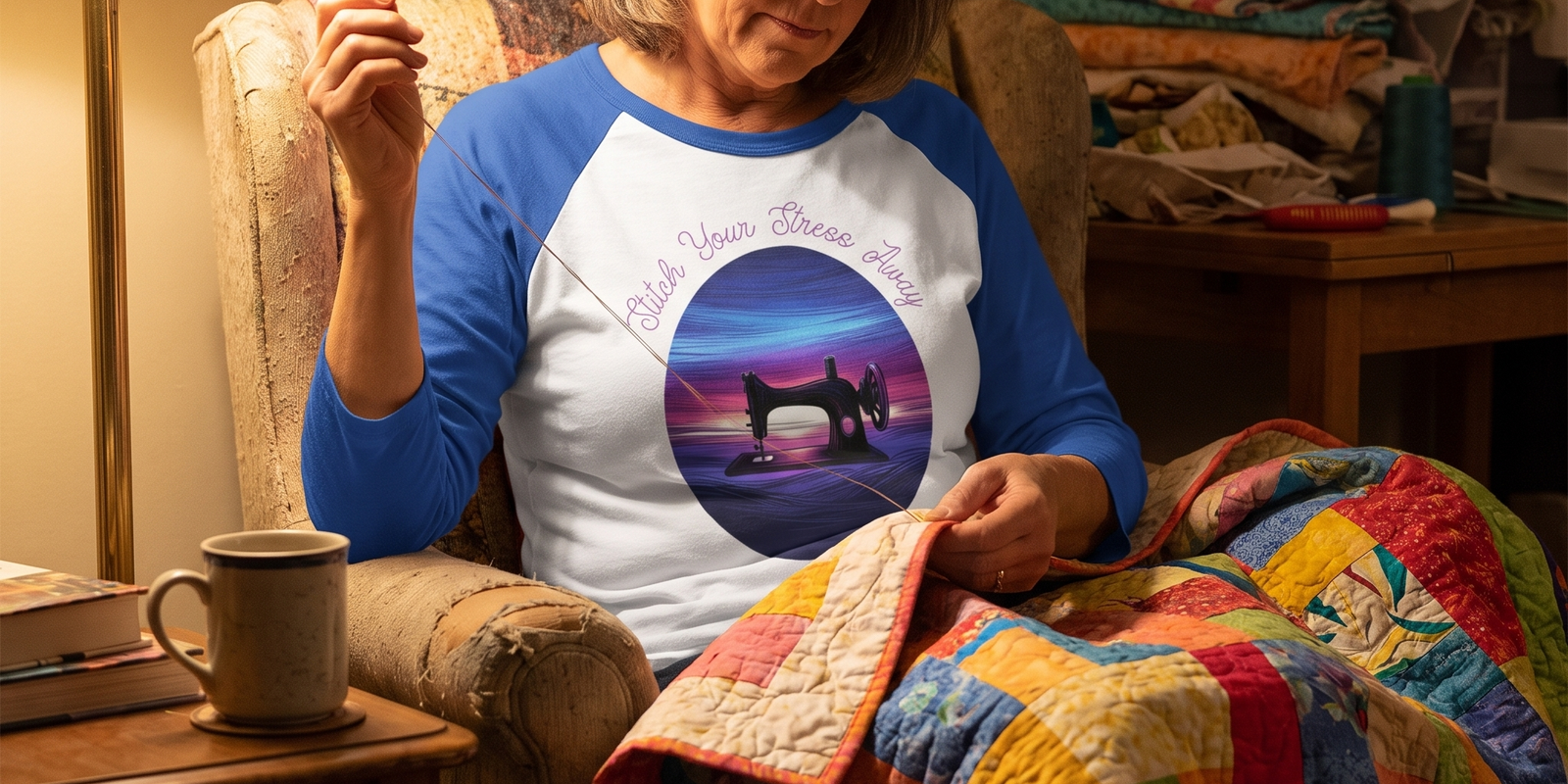 A quilter hand-stitching quilt binding by lamplight, wearing the Stitch Your Stress Away raglan tee