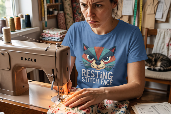 A quilter deep in concentration at her machine, wearing the Resting Stitch Face tee