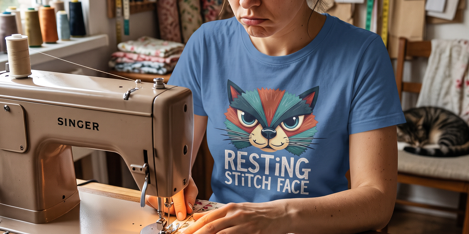 A quilter deep in concentration at her machine, wearing the Resting Stitch Face tee