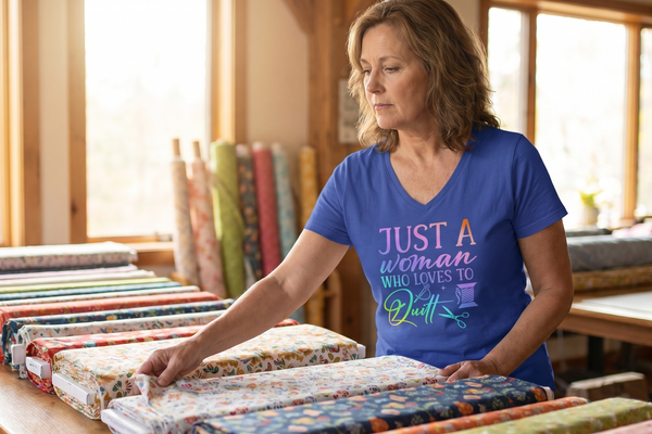 A quilter in her studio choosing spring fabric colors, wearing the Just A Woman Who Loves To Quilt v-neck tee