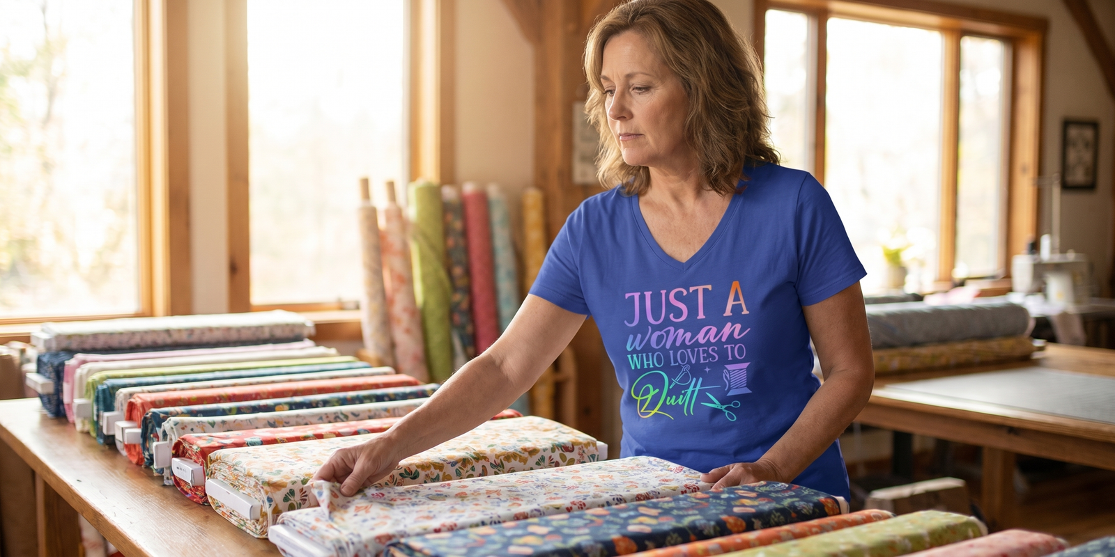 A quilter in her studio choosing spring fabric colors, wearing the Just A Woman Who Loves To Quilt v-neck tee