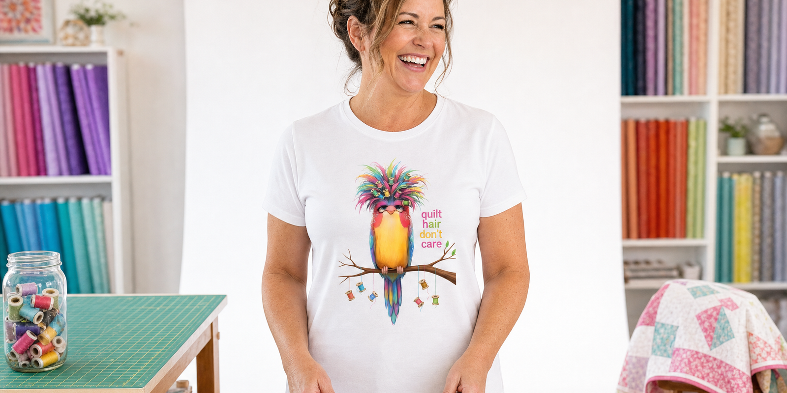 A quilter smiling in her sewing room, wearing the Quilt Hair Don't Care tee