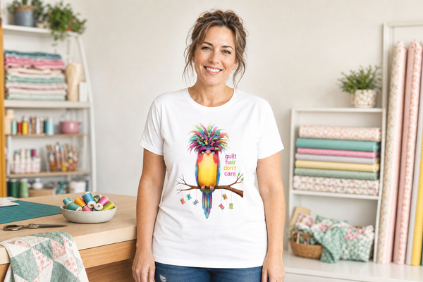 A quilter in her sewing room wearing the Quilt Hair Don't Care Curlene Spoolworth tee