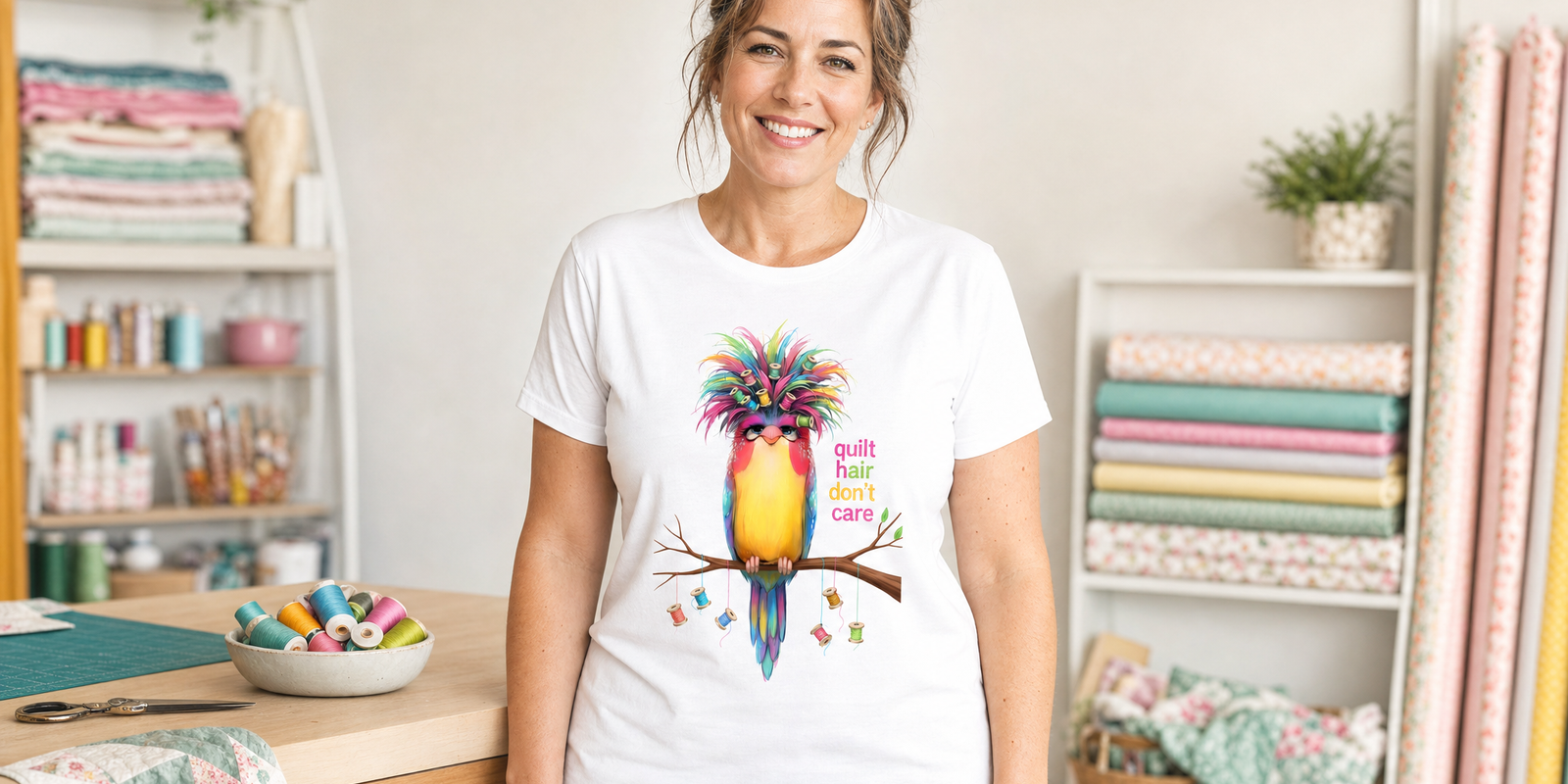 A quilter in her sewing room wearing the Quilt Hair Don't Care Curlene Spoolworth tee