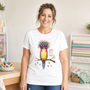 A quilter in her sewing room wearing the Quilt Hair Don't Care Curlene Spoolworth tee