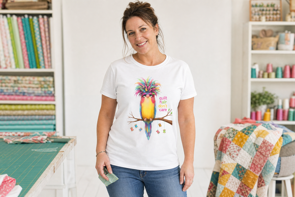 A quilter at her cutting table wearing the Quilt Hair Don't Care tee