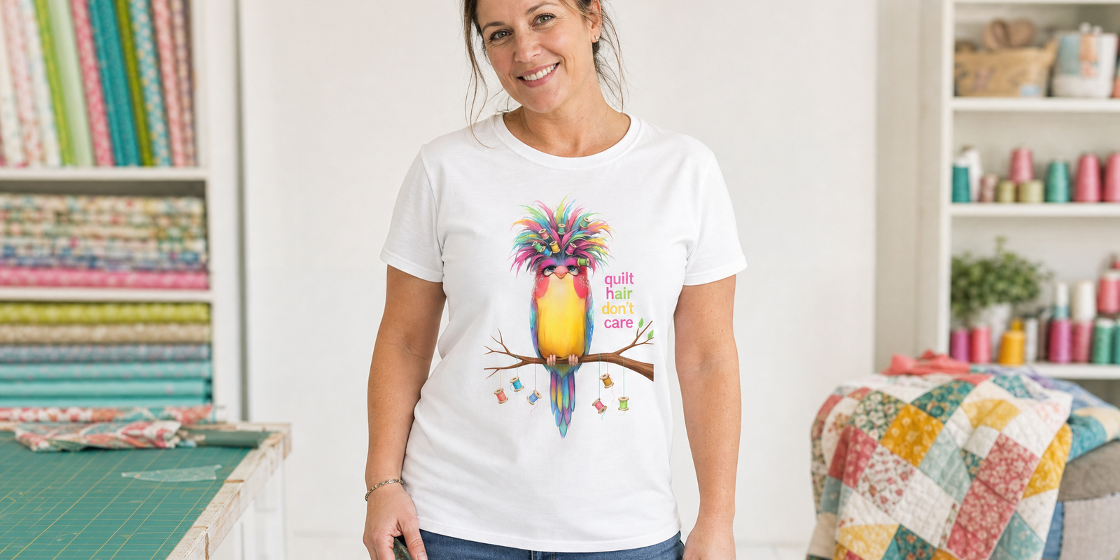 A quilter at her cutting table wearing the Quilt Hair Don't Care tee
