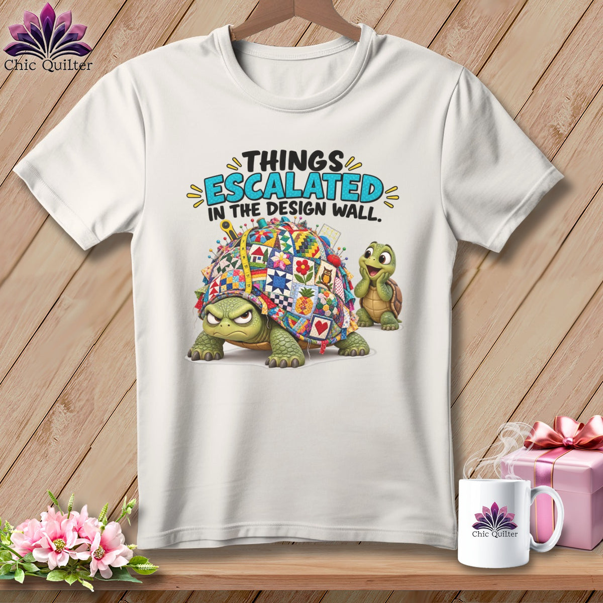 White t-shirt with cartoon turtles and "Things Escalated in the Design Wall" text.