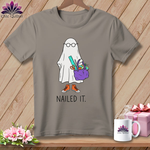 Ghost with glasses and craft bag on a gray t-shirt with text "NAILED IT."