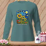 Long-sleeve shirt with sunflowers, sewing supplies, and 