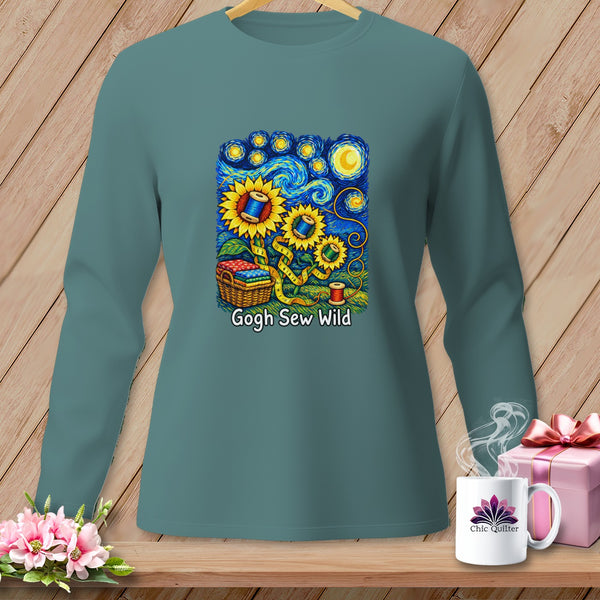 Long-sleeve shirt with sunflowers, sewing supplies, and "Gogh Sew Wild" text.