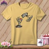 Yellow t-shirt with skeleton hands reaching for a puzzle piece, text 