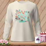 Ghosts sewing and quilting on a cream long-sleeve shirt.
