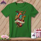 Green t-shirt with anatomical heart design and banner reading 