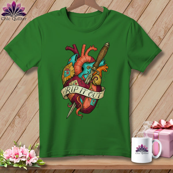 Green t-shirt with anatomical heart design and banner reading "RIP IT OUT".